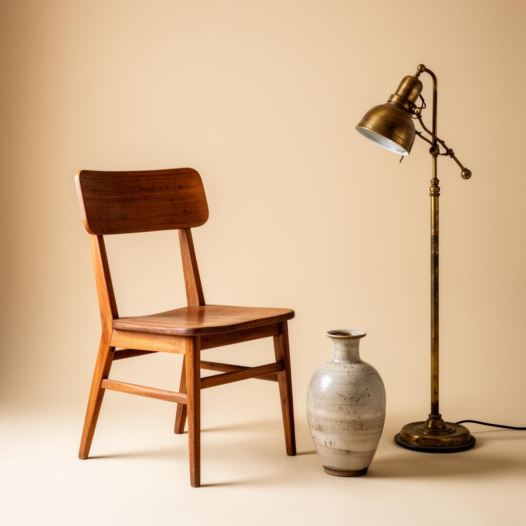 Kurátorovaná zátiší — vintage křeslo, keramická váza a mosazná lampa